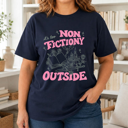 It's Too Nonfictiony Outside Cotton T-Shirt | Introvert Book Lover Gift Navy
