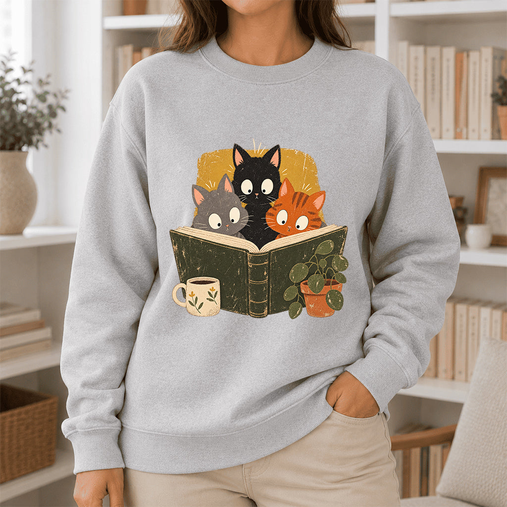 Minimal Japanese Cats Reading Crewneck Sweatshirt | Reader Gift Sport Grey
