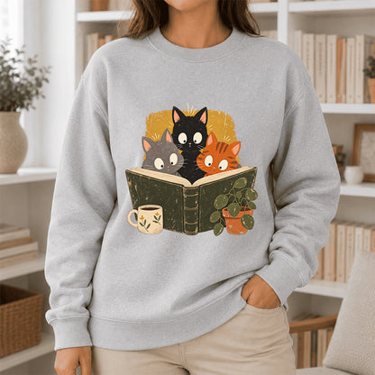 Minimal Japanese Cats Reading Crewneck Sweatshirt | Reader Gift Sport Grey