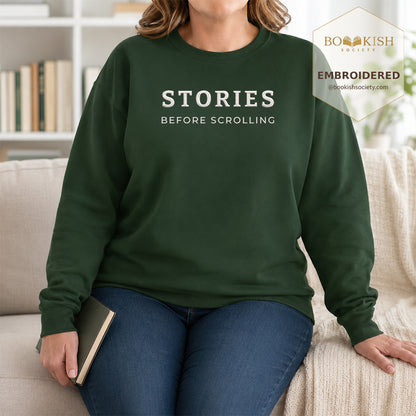 Stories Before Scrolling Embroidered Sweatshirt | Reader Gift Forest Green