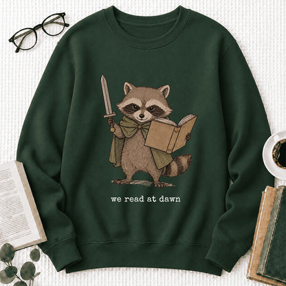 Raccoon We Read At Dawn Crewneck Sweatshirt | Reader Gift Forest Green