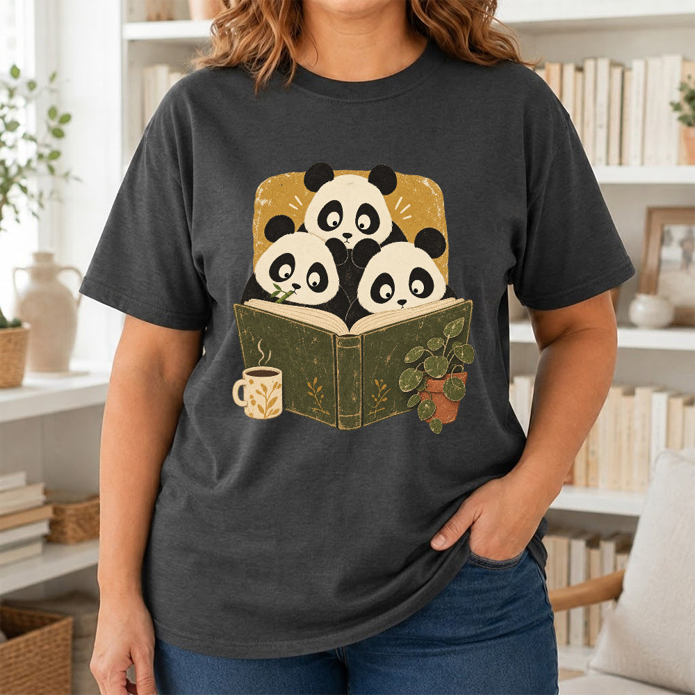Minimal Japanese Pandas Reading Softstyle T-Shirt | Book Lover Gift Dark Heather