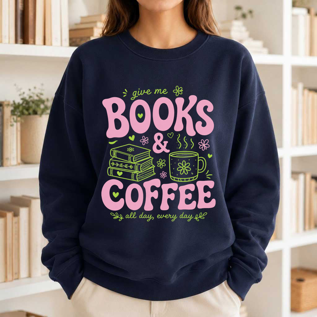 Books and Coffee Crewneck Sweatshirt | Reader Gift Navy