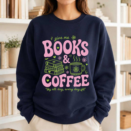 Books and Coffee Crewneck Sweatshirt | Reader Gift Navy