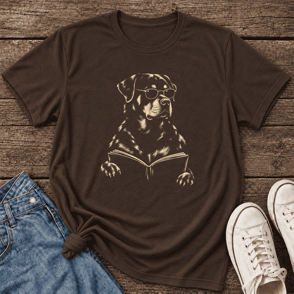 Rottweiler Reading Book Ultra-Soft Cotton T-Shirt | Dog Mom Reader Gift Brown