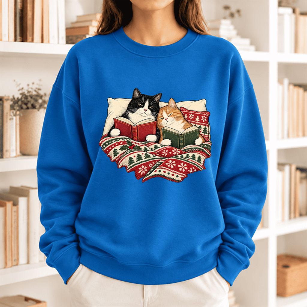 Christmas Reading Cat Couple Softstyle Sweatshirt | Cozy Christmas Gift Royal