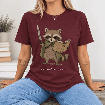 We Read At Dawn Funny Racoon Ultra-Soft Cotton T-Shirt | Playful Reader Gift Maroon
