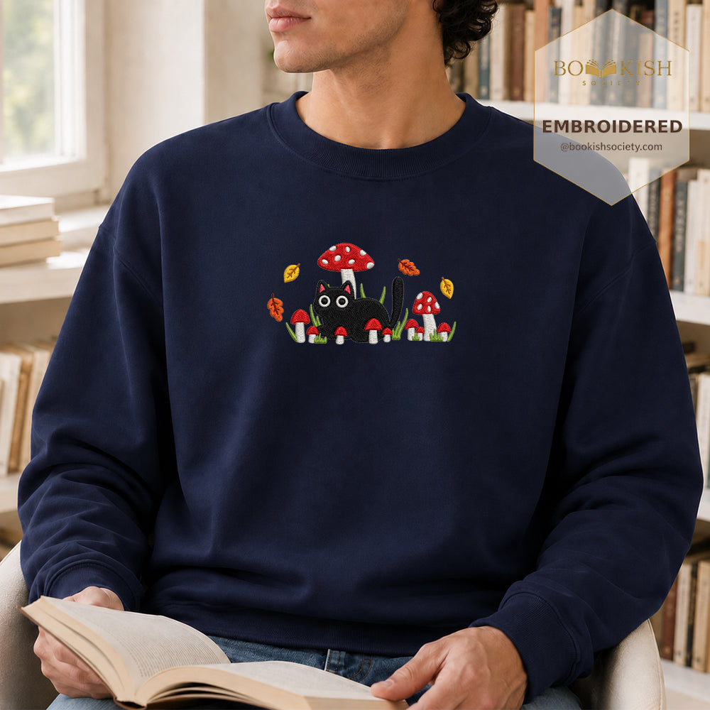 Mushroom Cat Embroidered Sweatshirt | Reader Gift Navy