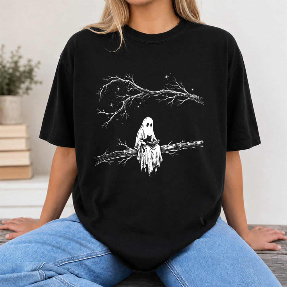 Reading Ghost With Black Cat Printed T-Shirt | Halloween Cat Lover Reader Gift Black