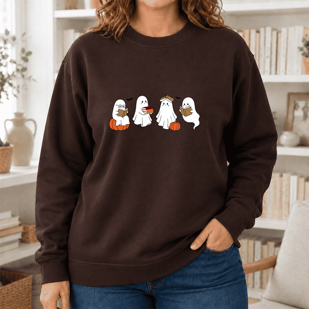 Halloween Ghosts Reading Printed Sweatshirt | Spooky Book Lover Gift Dark Chocolate