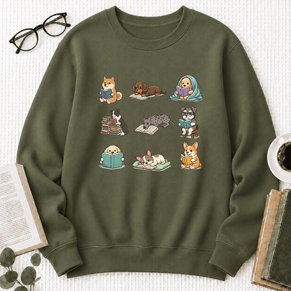 Funny Dogs Reading Crewneck Sweatshirt | Reader Gift Military Green