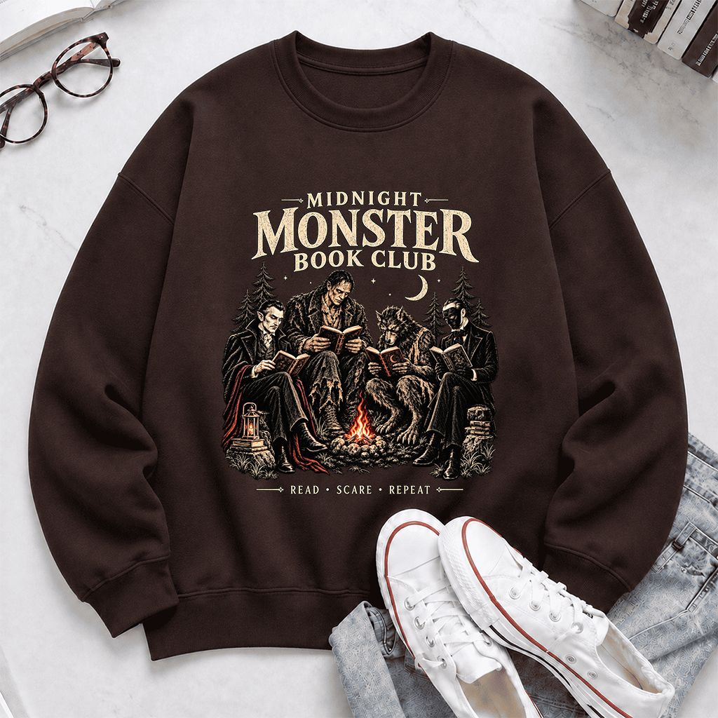 Midnight Monster Book Club Printed Sweatshirt | Halloween Book Lover Gift Dark Chocolate