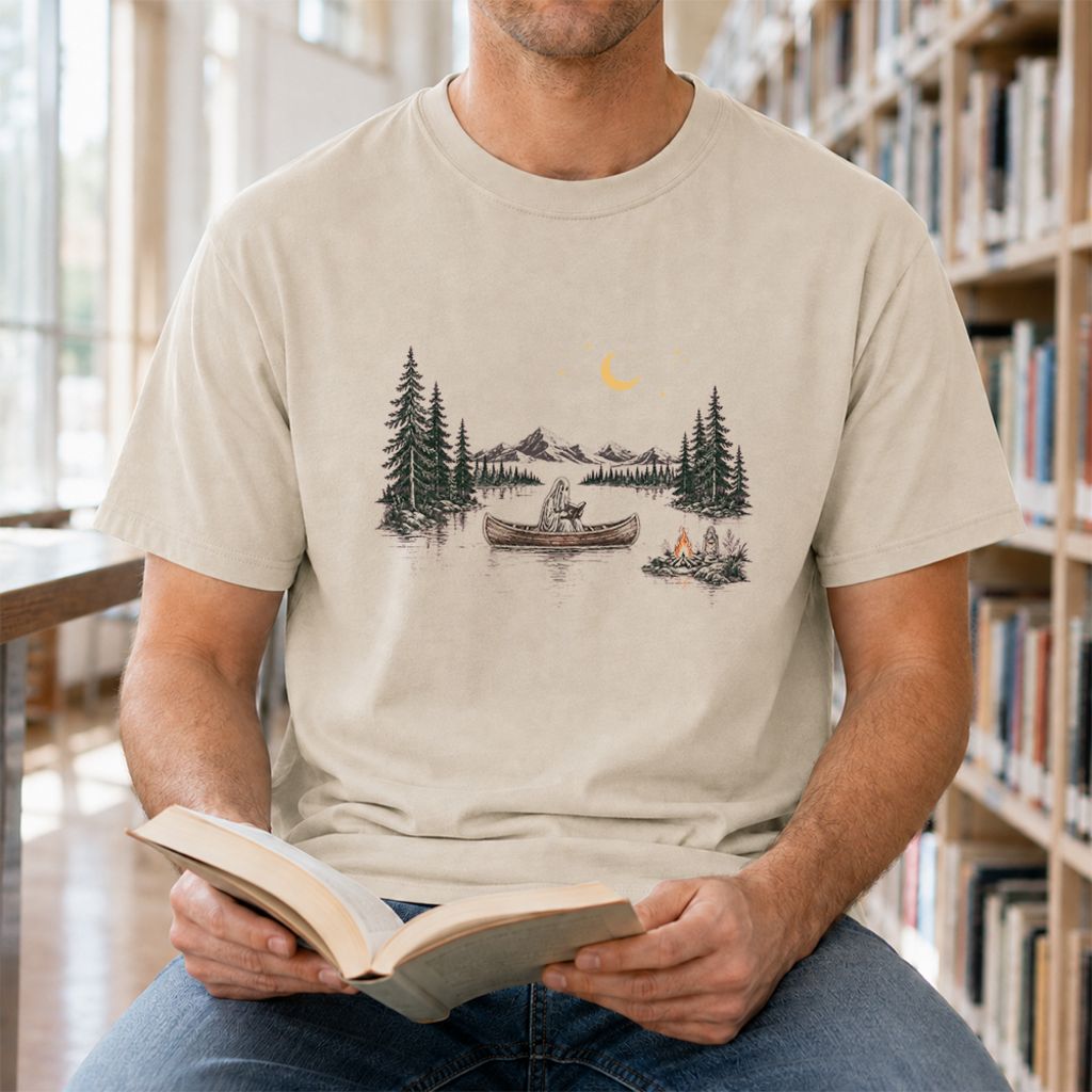 Reading Ghost On The Boat Printed T-Shirt | Spooky Book Lover Gift Sand