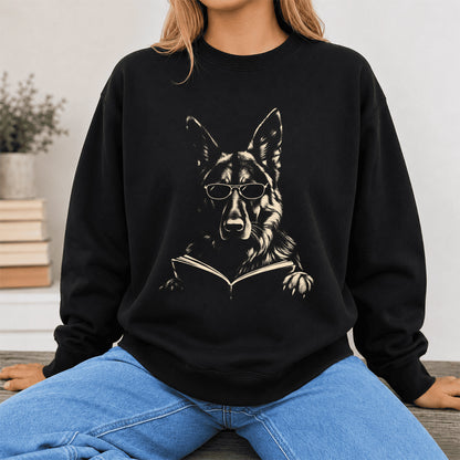 German Shepherd Reading Book Crewneck Sweatshirt | Reader Gift Black