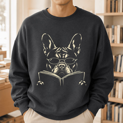 French Bulldog Reading Book Crewneck Sweatshirt | Reader Gift Dark Heather