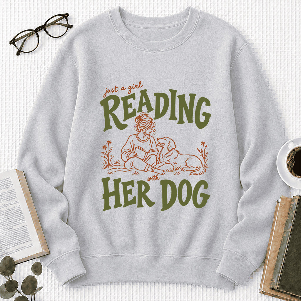 Just A Girl Reading With Her Dog Crewneck Sweatshirt | Reader Gift Sport Grey