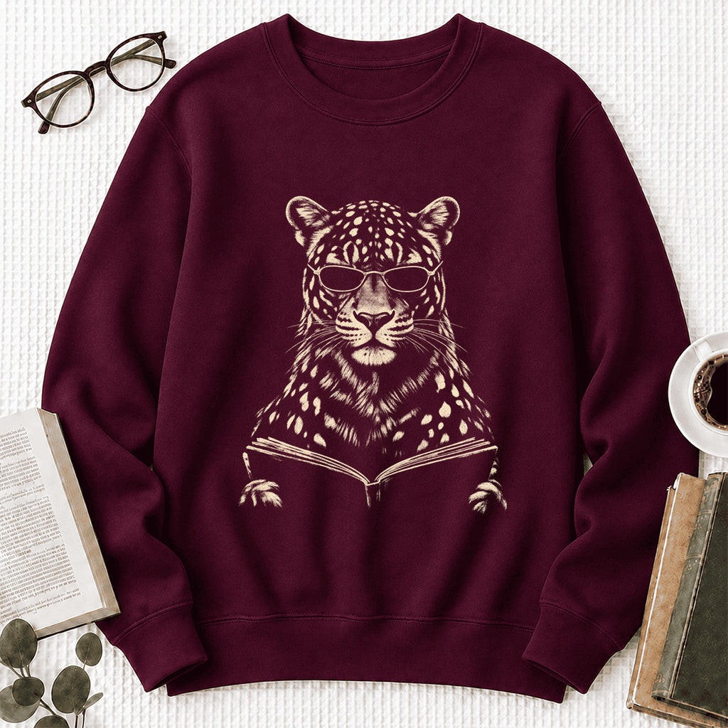 Leopard Reading Book Crewneck Sweatshirt | Reader Gift Maroon