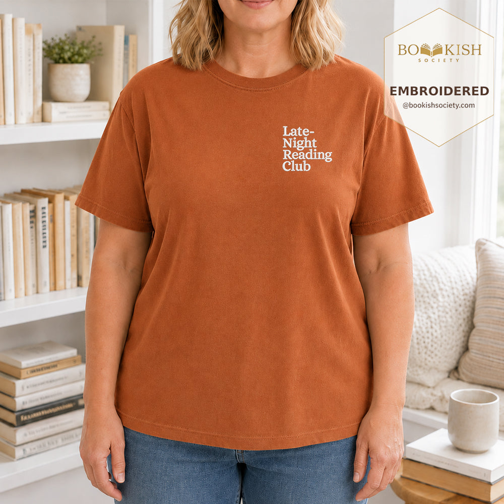 Late Night Reading Club Embroidered Comfort Color® T-shirt | Book Lover Gift Yam