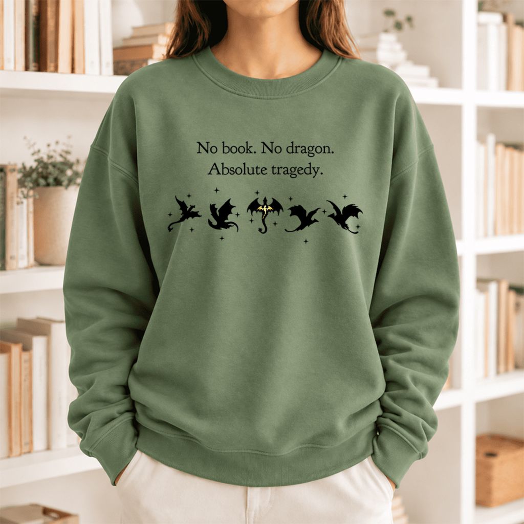No Book, No Dragon Softstyle Sweatshirt | Fantasy Reader Gift Military Green