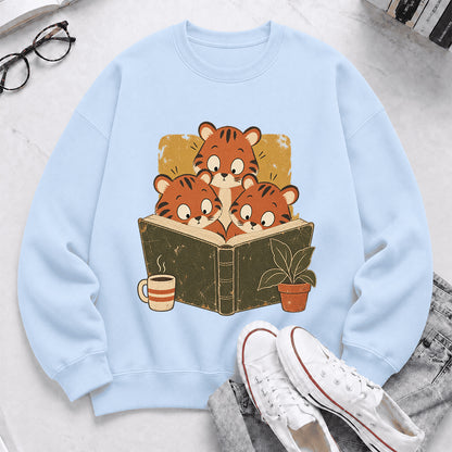 Minimal Japanese Tigers Reading Crewneck Sweatshirt | Reader Gift Light Blue