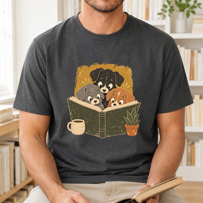 Minimal Japanese Dogs Reading Softstyle T-Shirt | Book Lover Gift Dark Heather