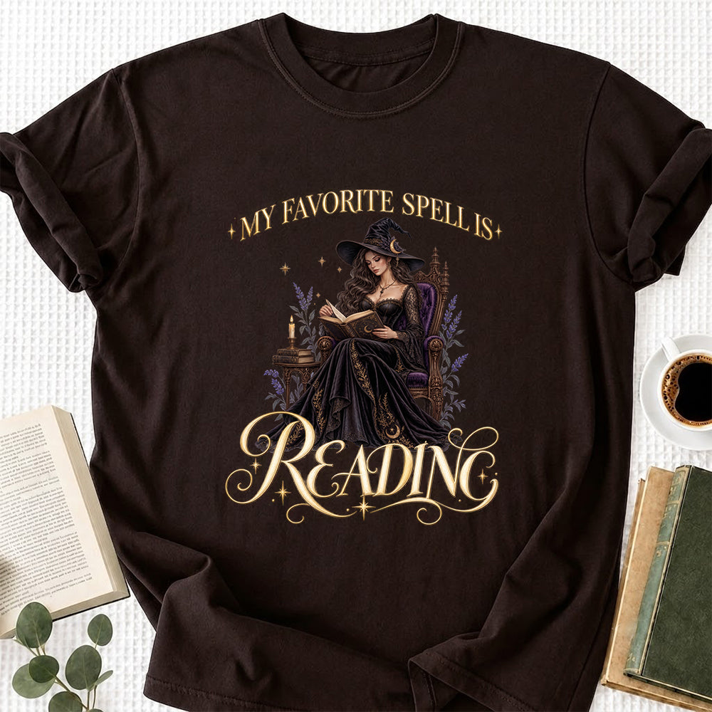 My Favorite Spell Is Reading Printed T-Shirt | Halloween Fantasy Book Lover Gift Dark Chocolate