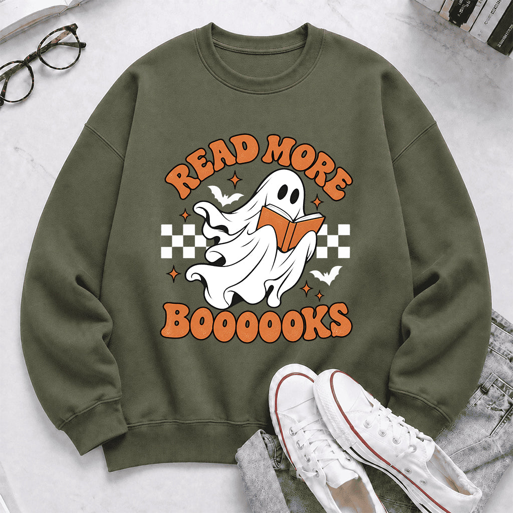 Read More Books Ghost Printed Sweatshirt | Halloween Book Lover Gift Military Green