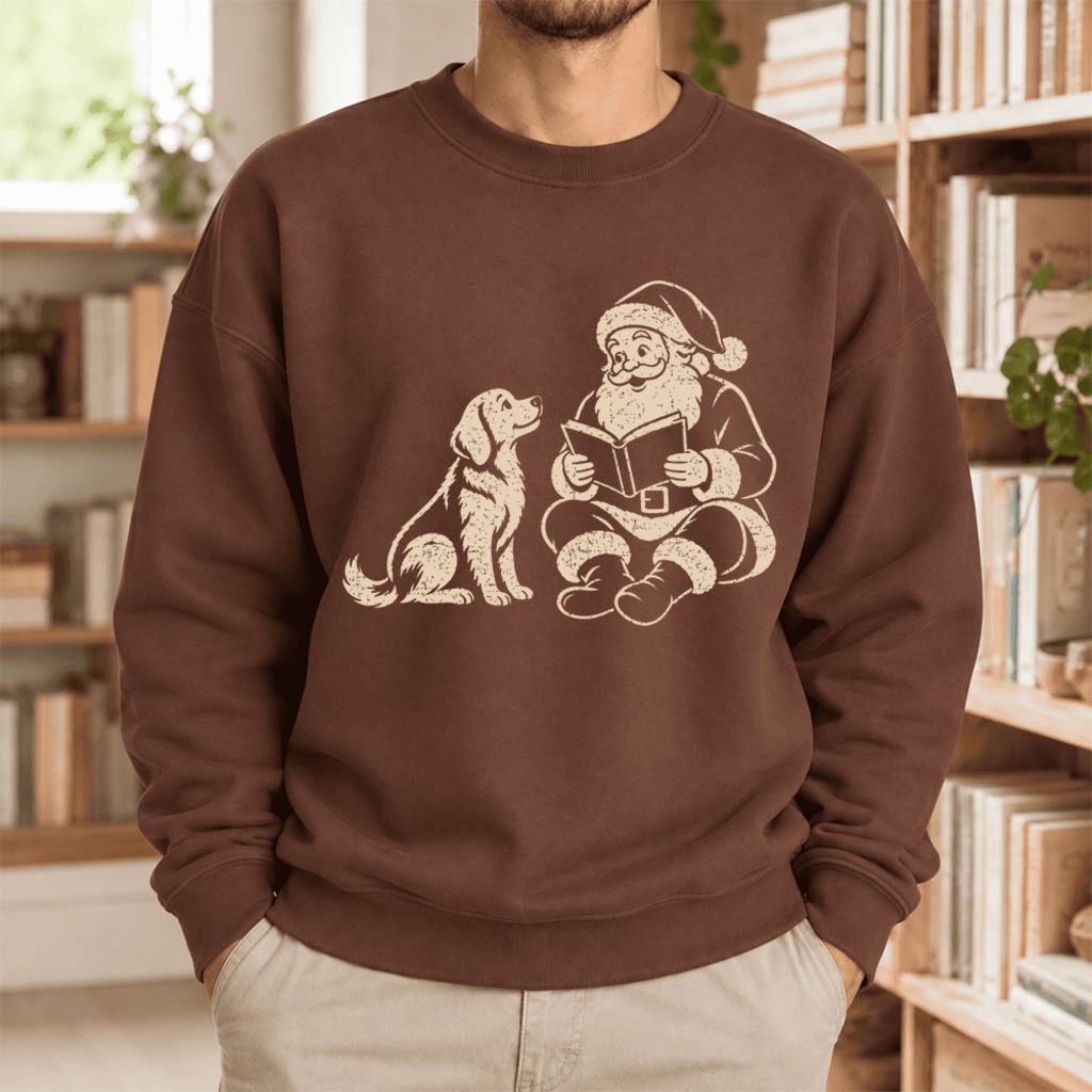 Funny Dog With Reading Santa Softstyle Sweatshirt | Christmas Book Lover Gift Cocoa