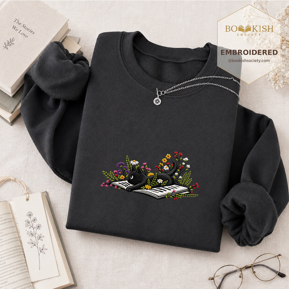 Cat and Book Embroidered Sweatshirt | Reader Gift Dark Heather