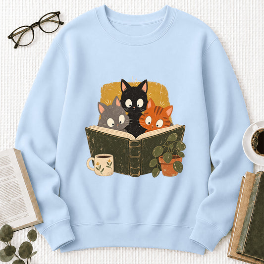 Minimal Japanese Cats Reading Crewneck Sweatshirt | Reader Gift Light Blue