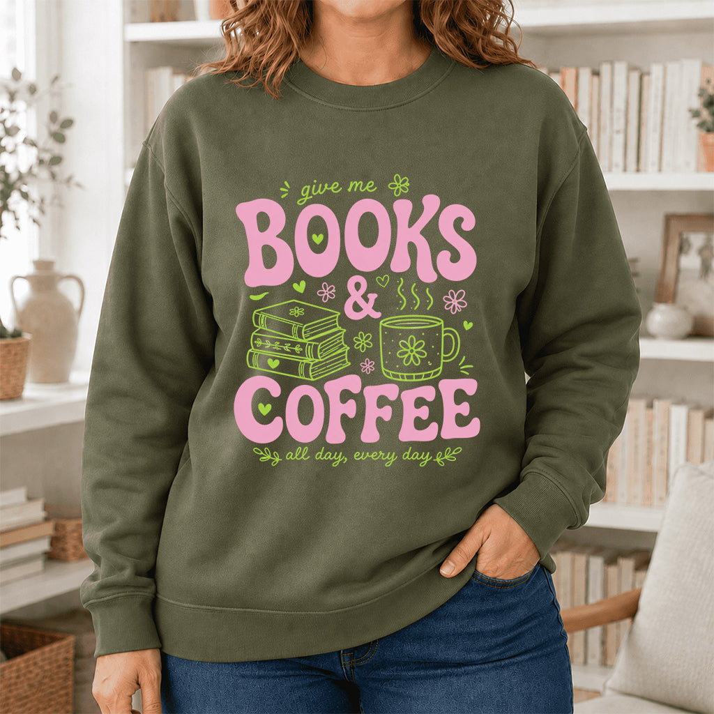 Books and Coffee Crewneck Sweatshirt | Reader Gift Military Green