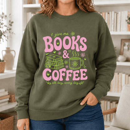 Books and Coffee Crewneck Sweatshirt | Reader Gift Military Green