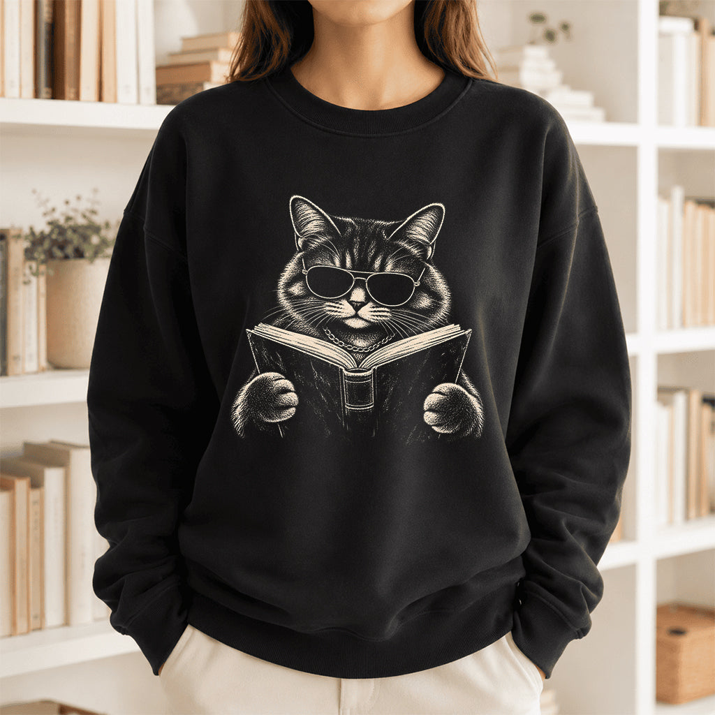 Cat Reading Book Crewneck Sweatshirt | Reader Gift Black