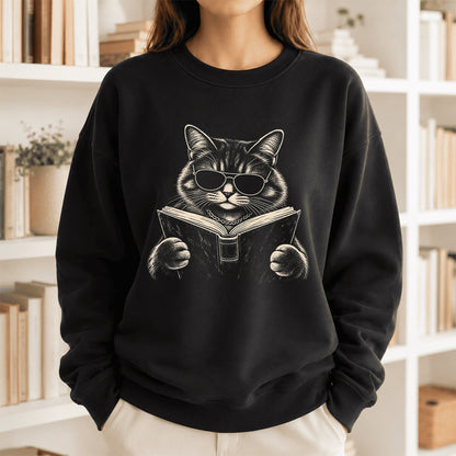 Cat Reading Book Crewneck Sweatshirt | Reader Gift Black