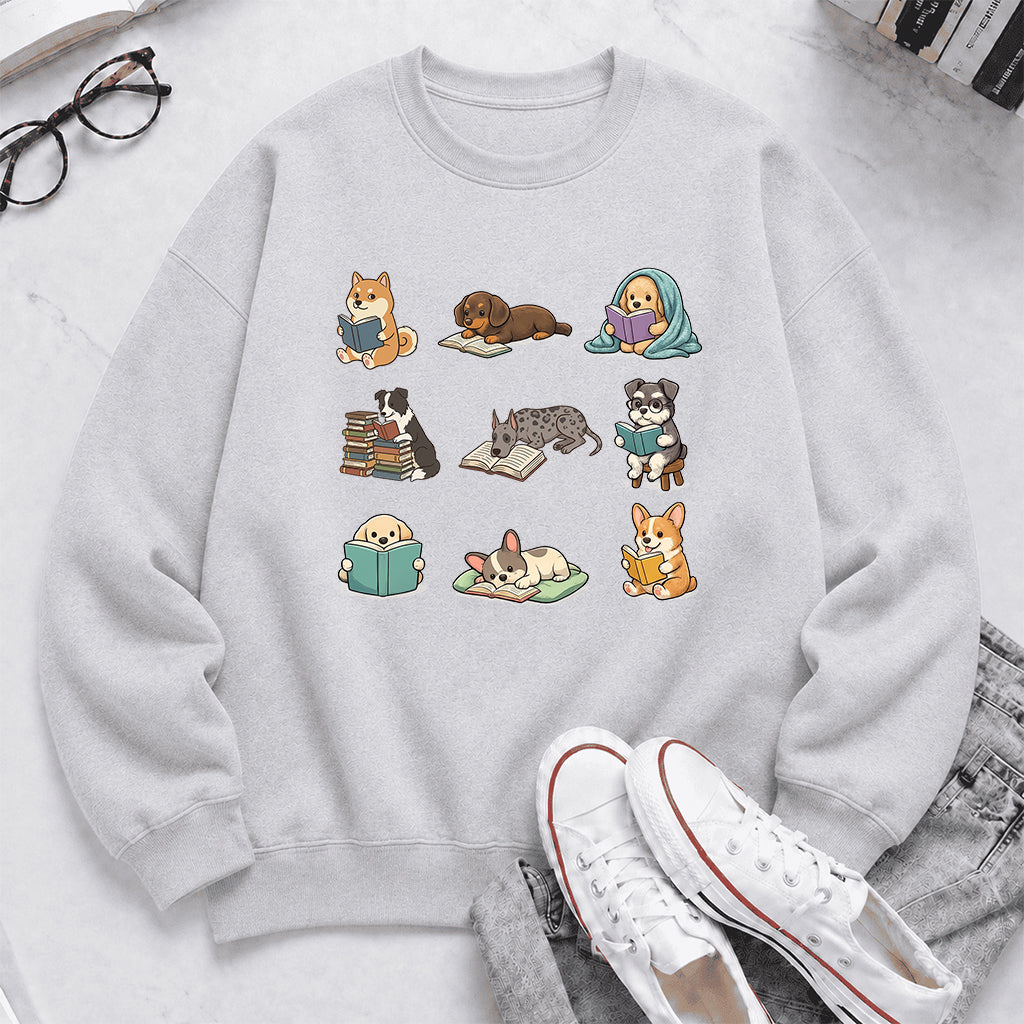Funny Dogs Reading Crewneck Sweatshirt | Reader Gift Sport Grey
