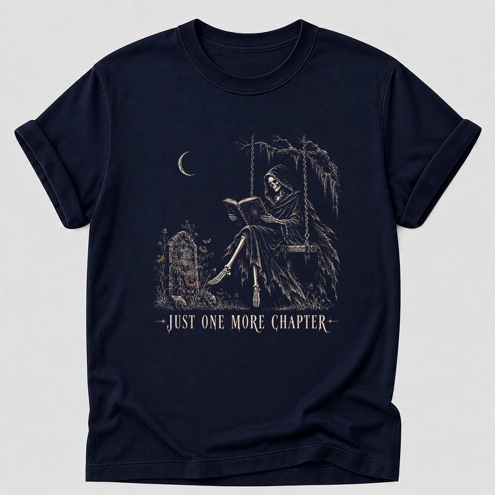 Just One More Chapter Grim Reaper Printed T-Shirt | Spooky Halloween Reader Gift Navy