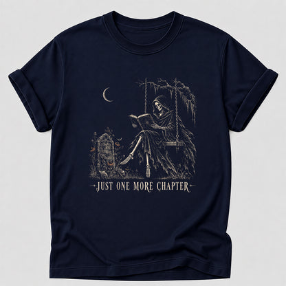Just One More Chapter Grim Reaper Printed T-Shirt | Spooky Halloween Reader Gift Navy