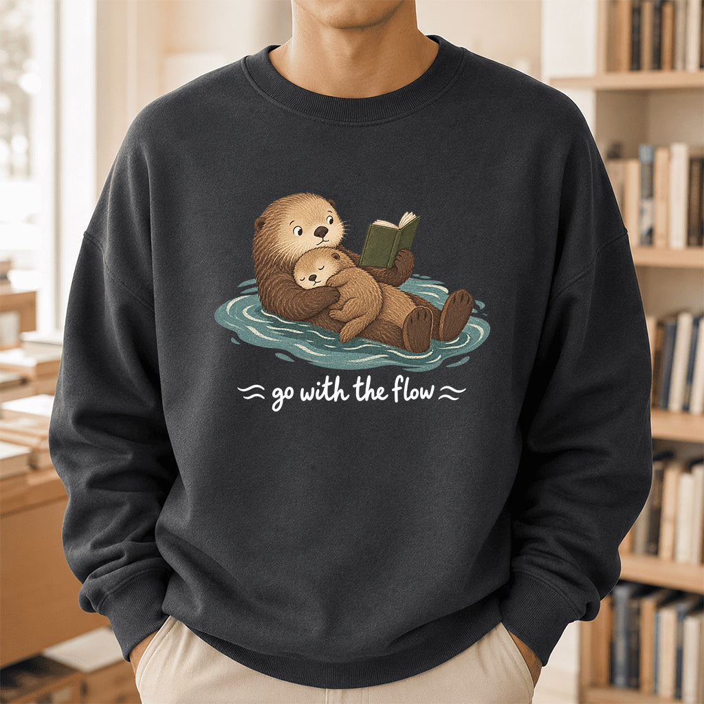 Go With The Flow Otter Reading Crewneck Sweatshirt | Reader Gift Dark Heather