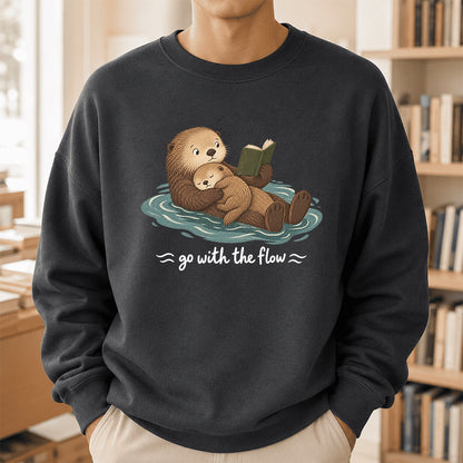 Go With The Flow Otter Reading Crewneck Sweatshirt | Reader Gift Dark Heather
