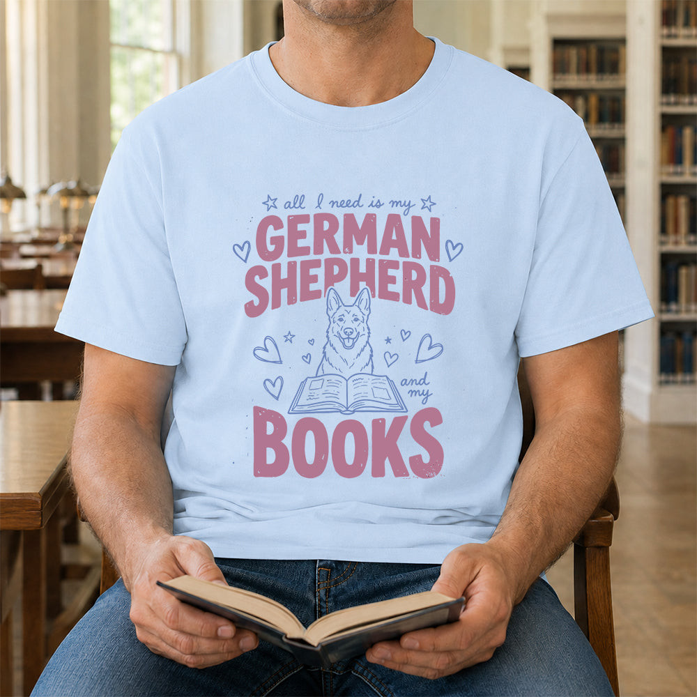 All I Need Is My German Shepherd And My Books Cotton T-Shirt | Dogs Lover & Reader Gift Light Blue