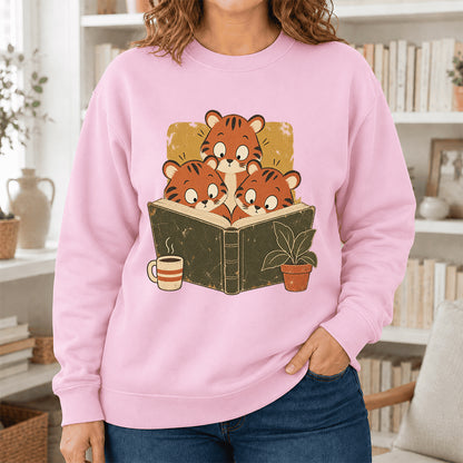 Minimal Japanese Tigers Reading Crewneck Sweatshirt | Reader Gift Light Pink