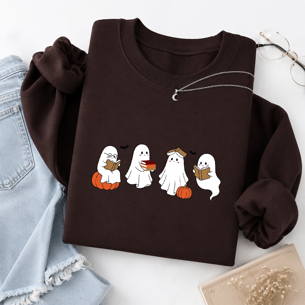 Halloween Ghosts Reading Printed Sweatshirt | Spooky Book Lover Gift Dark Chocolate