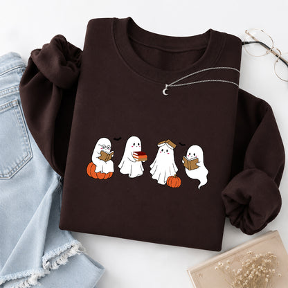 Halloween Ghosts Reading Printed Sweatshirt | Spooky Book Lover Gift Dark Chocolate