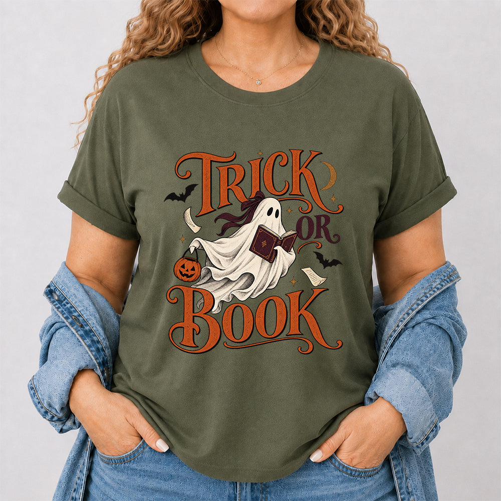 Trick Or Book Ghost Printed T-Shirt | Halloween Book Lover Gift Military Green
