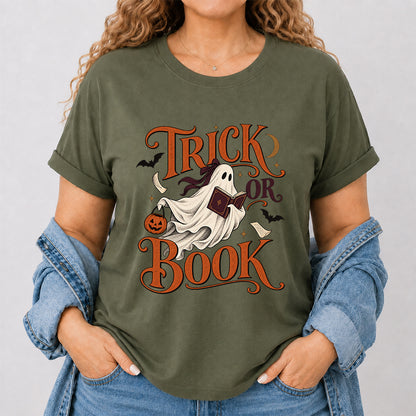 Trick Or Book Ghost Printed T-Shirt | Halloween Book Lover Gift Military Green