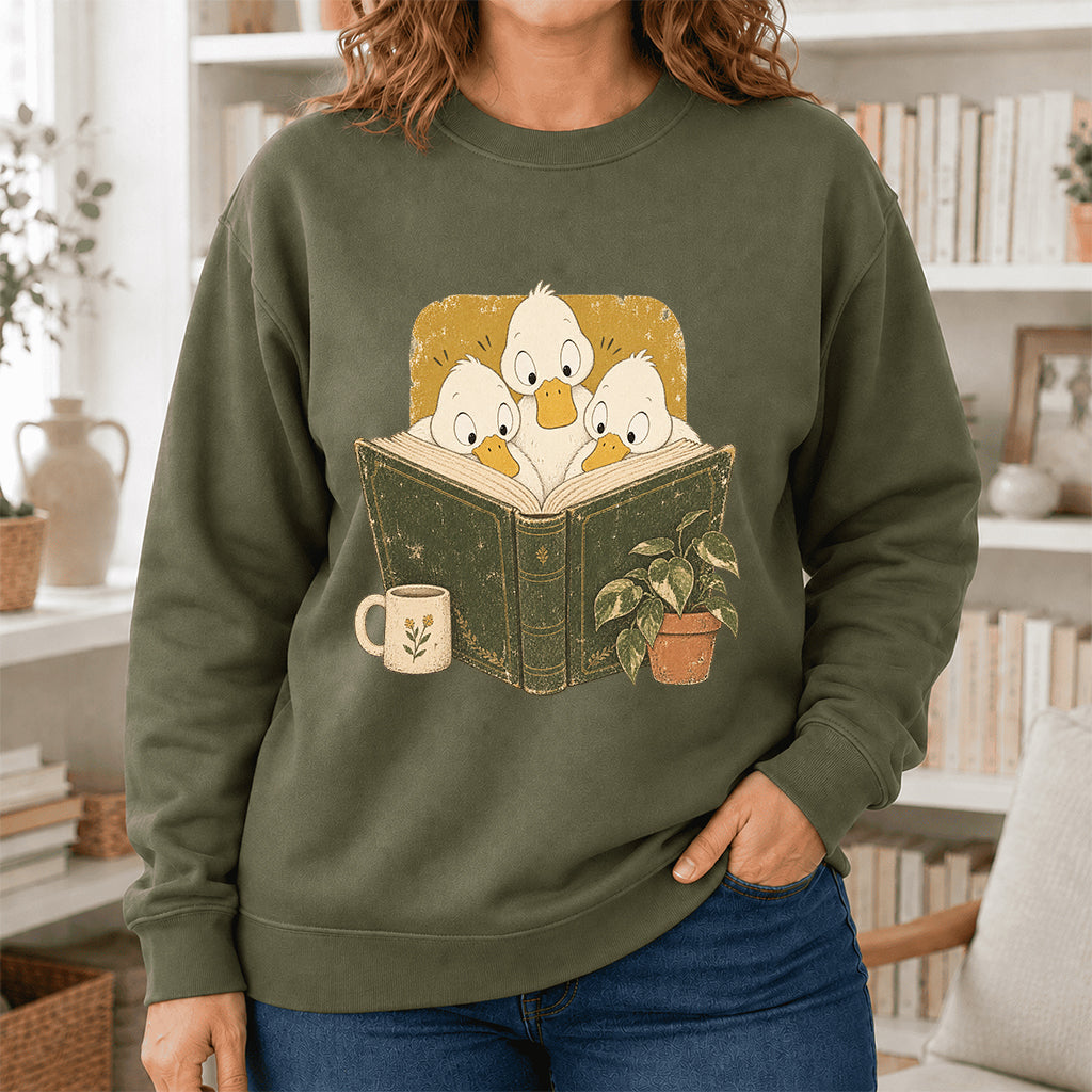 Minimal Japanese Ducks Reading Crewneck Sweatshirt | Reader Gift Military Green