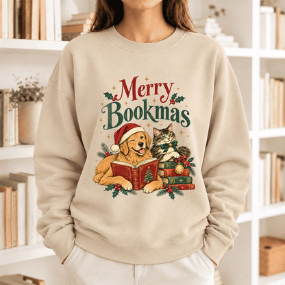 Merry Bookmas Softstyle Sweatshirt | Christmas Book Lover Gift Sand