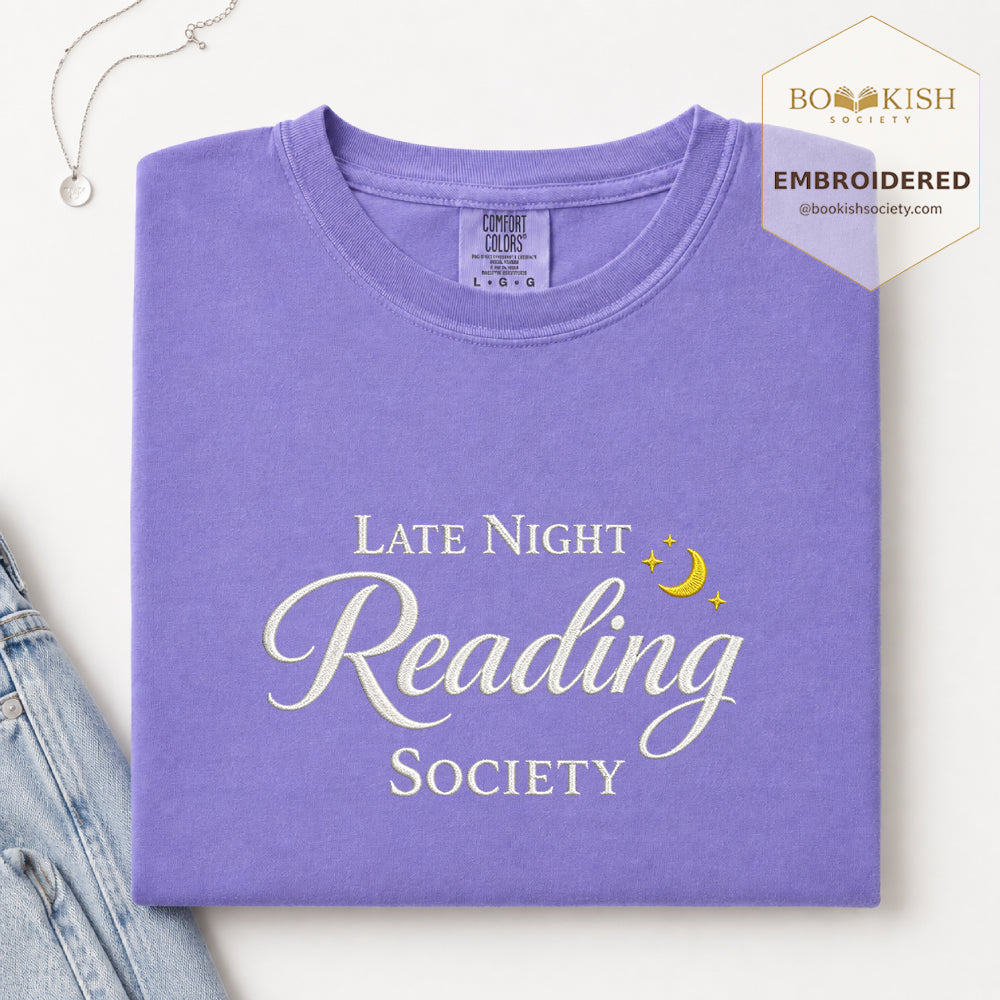 Late Night Reading Society Embroidered Comfort Color® T-shirt | Book Lover Gift Violet