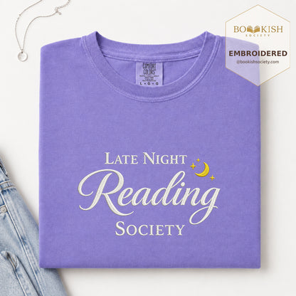 Late Night Reading Society Embroidered Comfort Color® T-shirt | Book Lover Gift Violet