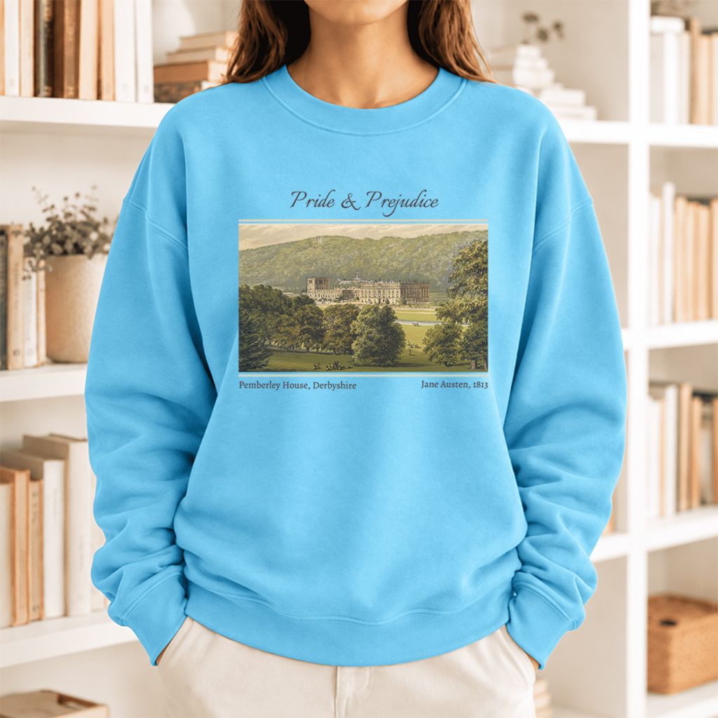Pemberley House Pride And Prejudice Softstyle Sweatshirt | Classics Book Lover Gift Sky
